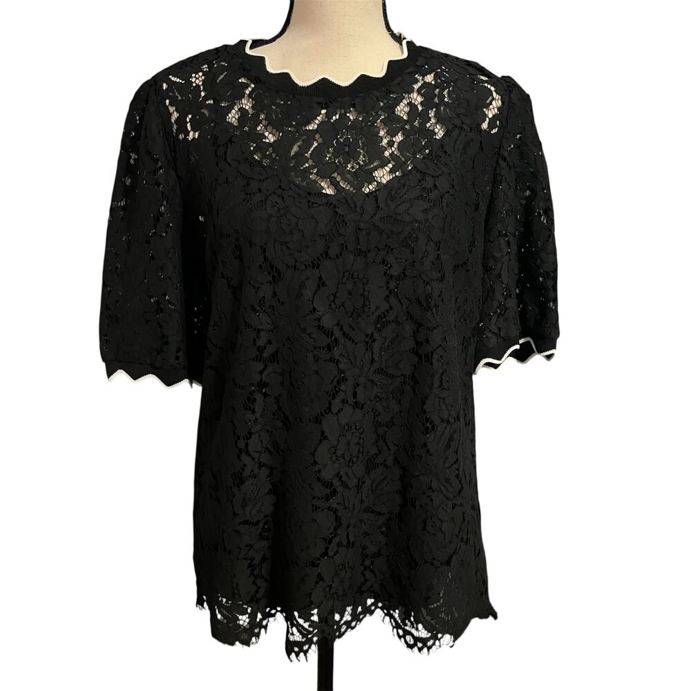 Alberto Makali New York Womens Sheer Black Lace Blouse Top Sz L Romance Delicate
